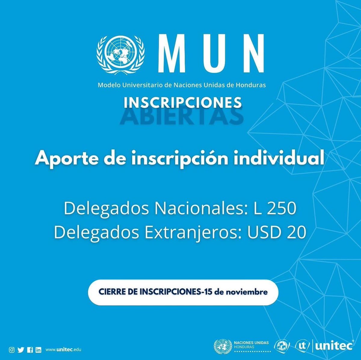 RRIISPS's tweet photo. Con el apoyo de @ONUHonduras y @UNITEC_hn lanzamos la segunda edición de nuestro Modelo Universitario de Naciones Unidas de Honduras -MUN. 🇺🇳🇭🇳

Inscríbete y se parte de esta nueva experiencia.🗣️

Sugerimos tu inscripción en grupos de 5 personas.🫂

#ConstruyendoUnNuevoLegado https://t.co/ClO7VmESu9