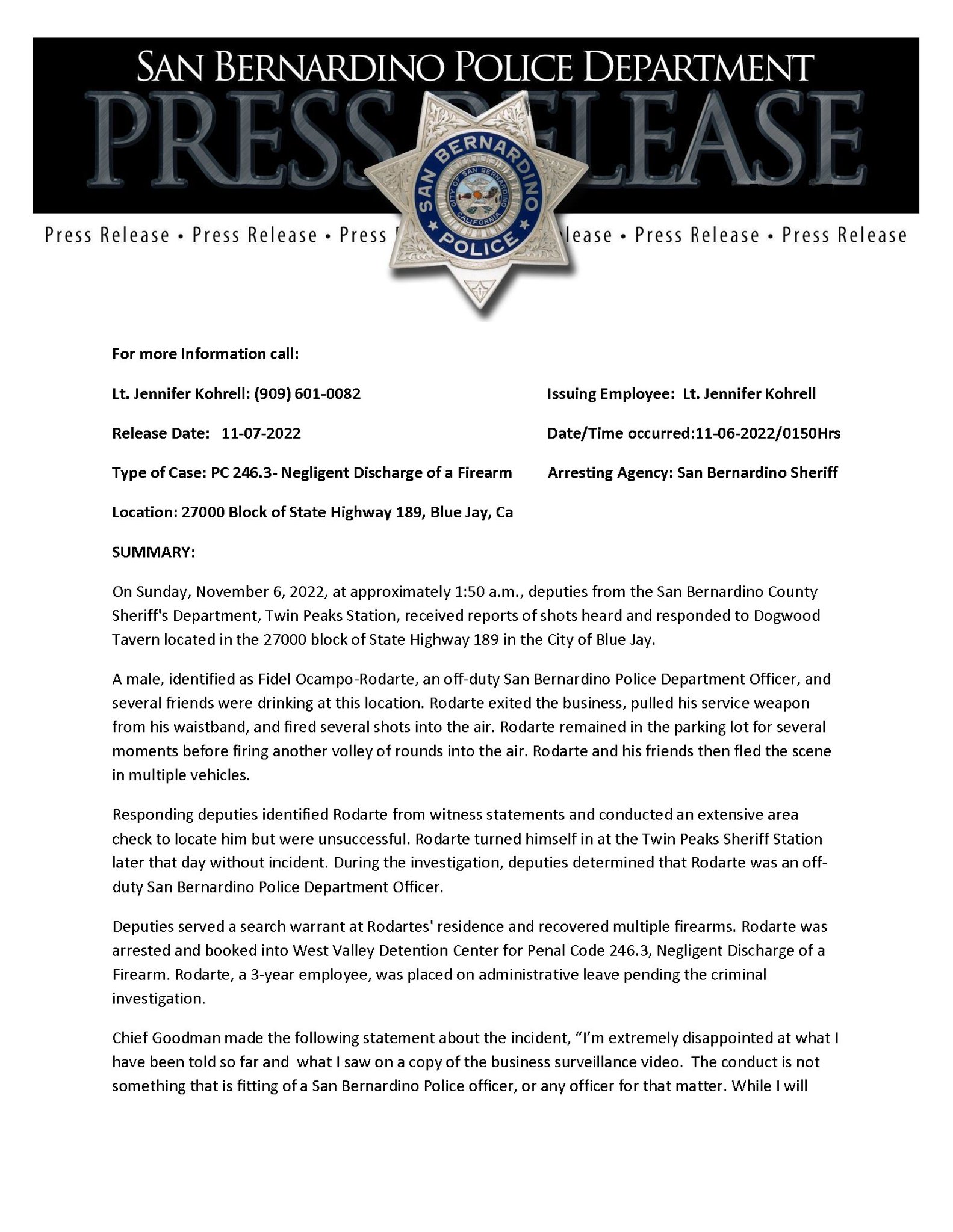 San Bernardino PD on Twitter "PRESS RELEASE ARREST OF OFFDUTY