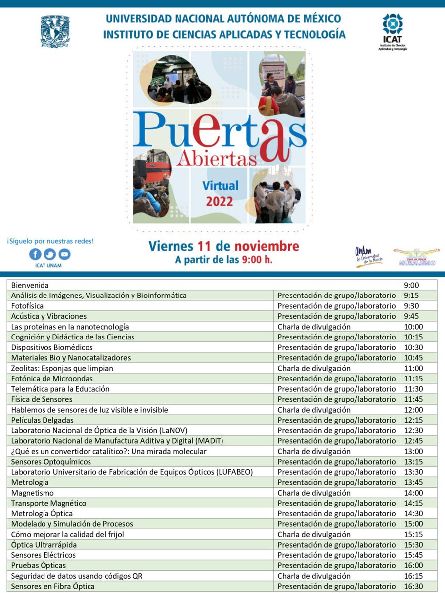 ICATUNAM's tweet photo. 📣¡Atención, atención! ¡Aquí el programa para nuestro Día de Puertas Abiertas Virtual ICAT 2022!
Síguelo por YouTube y entérate del abanico de opciones que el #ICATUNAM tiene para ti. 👉https://t.co/K3gFZkGBQy

#UNAM #Ciencia #Tecnología  #Innovación #PuertasAbiertas #Divulgación https://t.co/LlNloaB0EG