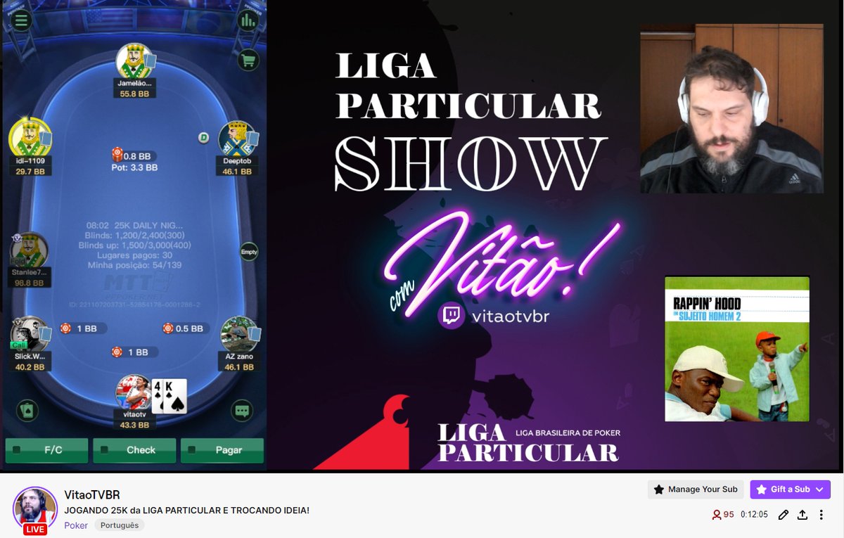 Jogando um poker ao som de Rappin Hood o aniversariante do dia! 
cola lá: twitch.tv/vitaotvbr