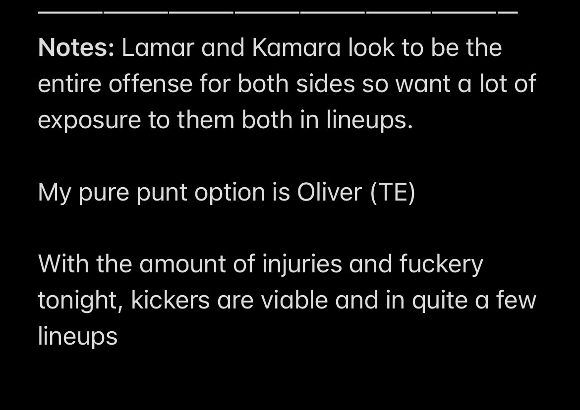 StringSports's tweet photo. #BALvsNO Showdown 

Had a great day yesterday for the showdown but forgot to post the breakdown 🙃 so let’s hope the hot hand continues

As always will try to answer as many questions as possible.

#DraftKings #MNF #DFS https://t.co/P7KambwfuF