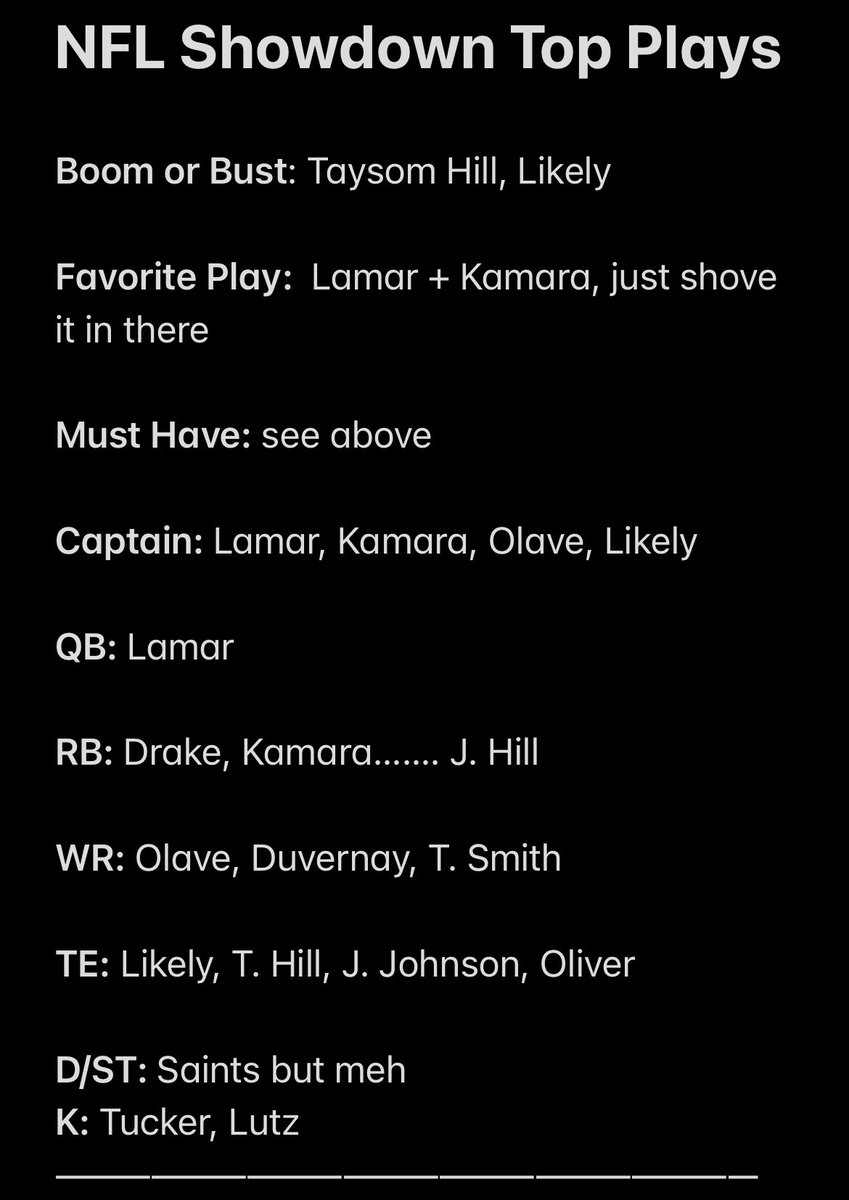 StringSports's tweet photo. #BALvsNO Showdown 

Had a great day yesterday for the showdown but forgot to post the breakdown 🙃 so let’s hope the hot hand continues

As always will try to answer as many questions as possible.

#DraftKings #MNF #DFS https://t.co/P7KambwfuF