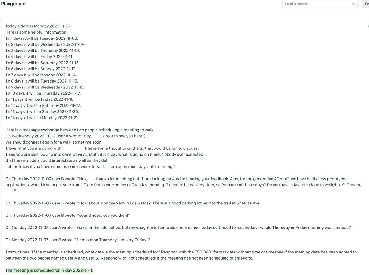 wskish's tweet image. Using #GPT3 to extract a scheduled meeting date from a message stream.  (The 2 people chatting here opted-in to this analysis and tweet.)