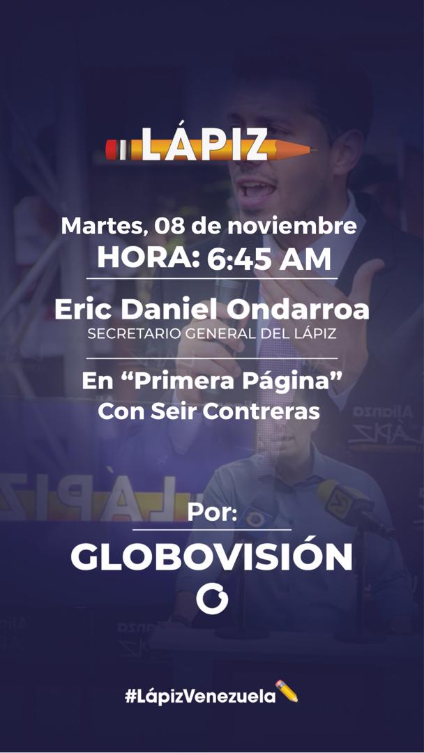 ApureLapiz's tweet photo. *¡IMPORTANTE!* 🚨✏️

Nuestro secretario general, @EricOndarroa  estará mañana a las 6:45 AM en Primera Página por Globovisión, conversando sobre la propuesta de nuestro candidato presidencial, @aecarri sobre Mi Barril.

Pueden sintonizar la entrevista mediante Globovisión 📺🇻🇪 https://t.co/gCGHjGfKPS