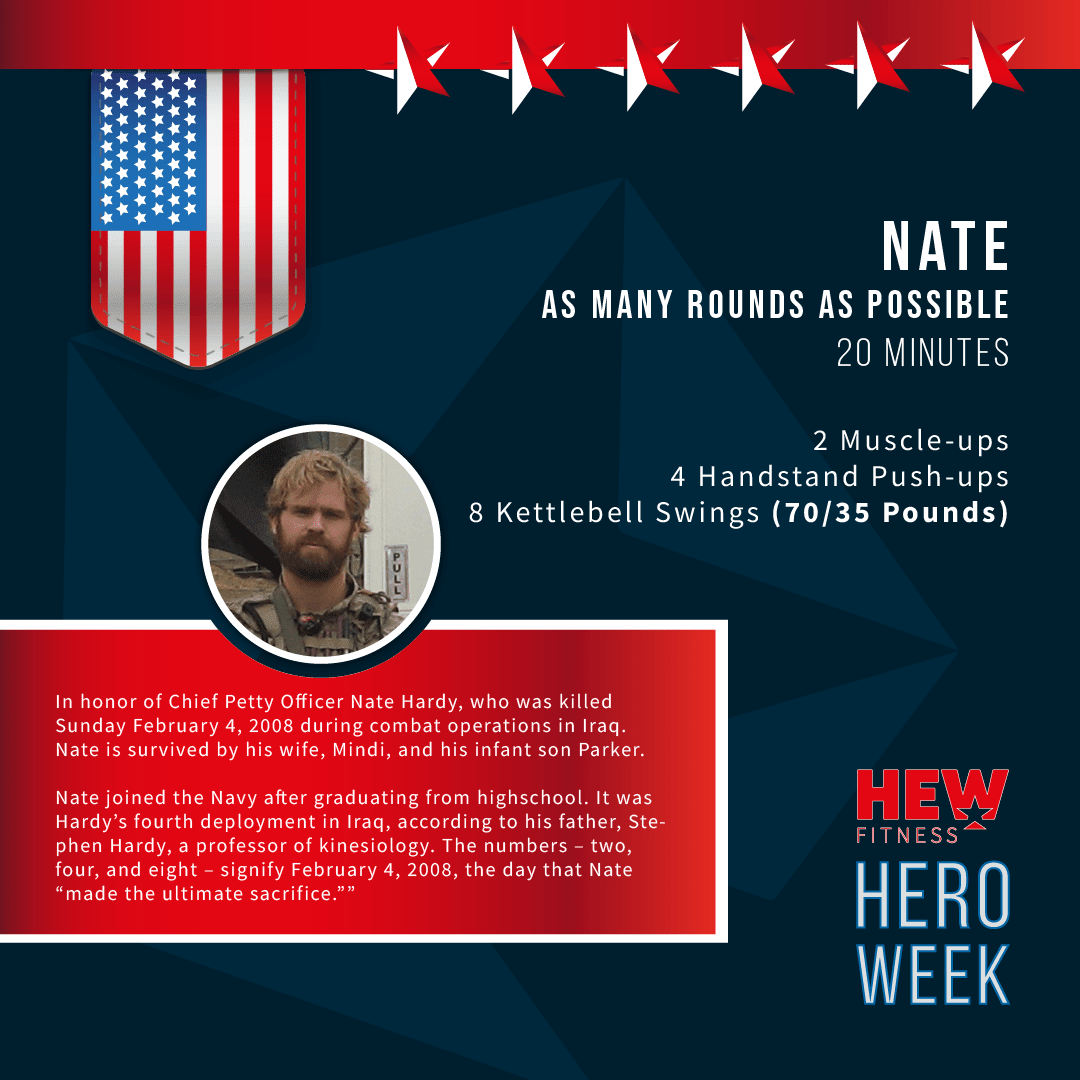 hewfitness's tweet photo. Day 2 of #HEWHeroWeek provides a chance to reflect on and honor the memory of Chief Petty Officer Nate Hardy. Nate was killed in 2008 during combat operations in Iraq. The numbers 2 / 4 / 8 in the workout signify the day that Nate paid the ultimate sacrifice.
#hewfitness #hew https://t.co/t9zhAB6EBo