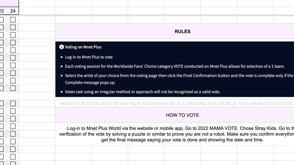 seungscience's tweet photo. ☁️ STAY MAMA VOTING TEMPLATE

i made a google sheets template to manage your accounts and check daily votes for mnet, twitter, and spotify, with rules &amp; explanations. please copy the sheet to make a duplicate of your own and edit there.

🔗 https://t.co/chyfhGsWs2 https://t.co/vo0yzbKz3R