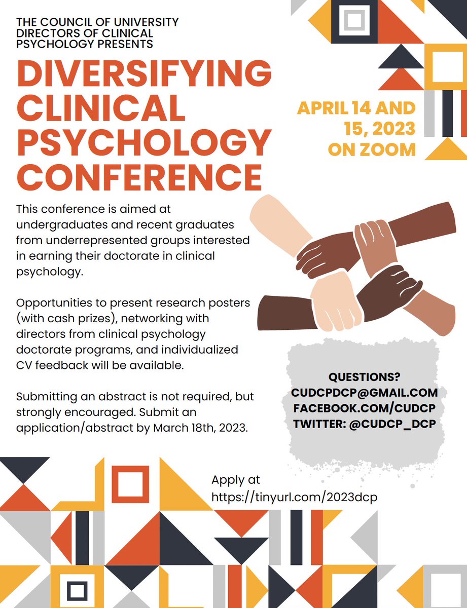 Our Diversifying Clinical Psychology Conference is coming back in April (14th and 15th on Zoom)! 

This conference is aimed at undergraduates and recent graduates from underrepresented groups interested in earning their doctorate in clinical psychology.

tinyurl.com/2023dcp