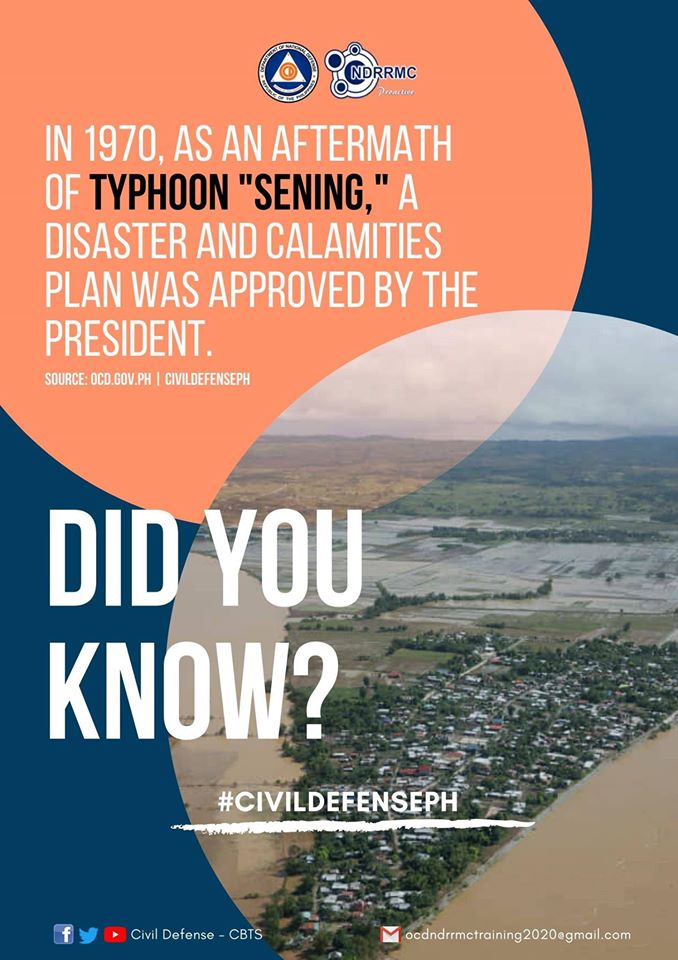 CivilDefenseR12's tweet photo. Wonderful Tuesday to all!
Here's our trivia for this week!

DID YOU KNOW?
In 1970, as an aftermath of TYPHOON "SENING," a disaster and calamities plan was approved by the president.

Source: https://t.co/nk2OjGzqs1 | CIVILDEFENSEPH
#OCD12 #CivilDefensePH #triviaforthisweek https://t.co/VWDhJknB08