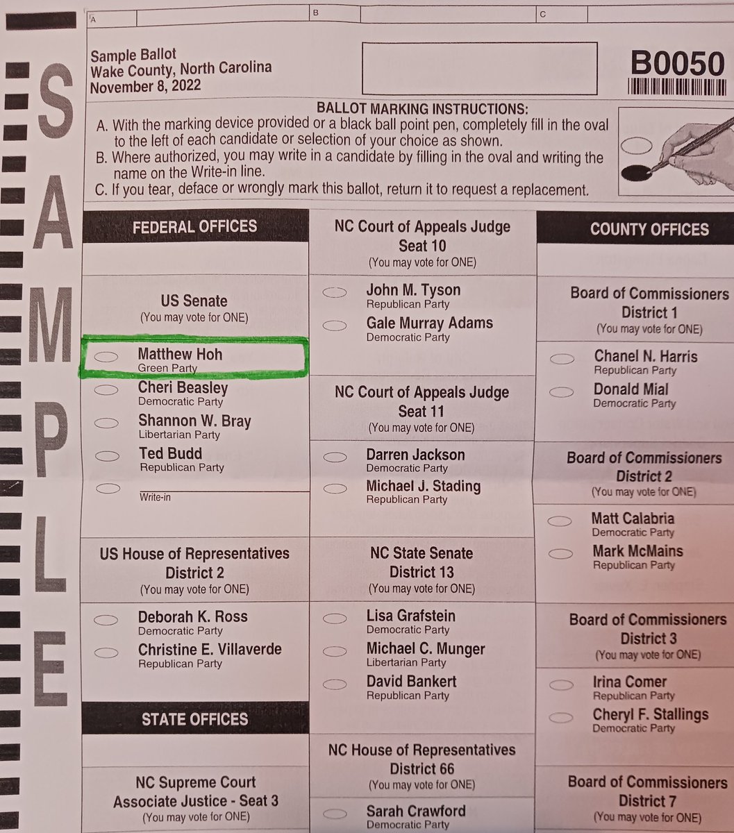 JustinBGreen1's tweet photo. These are what my ballots would look like if I lived in...
North Carolina: @MatthewPHoh
#GoForHoh
Texas: @DelilahforTexas
#DelilahNotTheDudes
New York: @gmattera & @HowieHawkins
Maine's 2nd District: @TiffanyBond
Good luck to all of you!
#VoteGreen #JoinTheGreenParty https://t.co/cD3cOXb9Jr