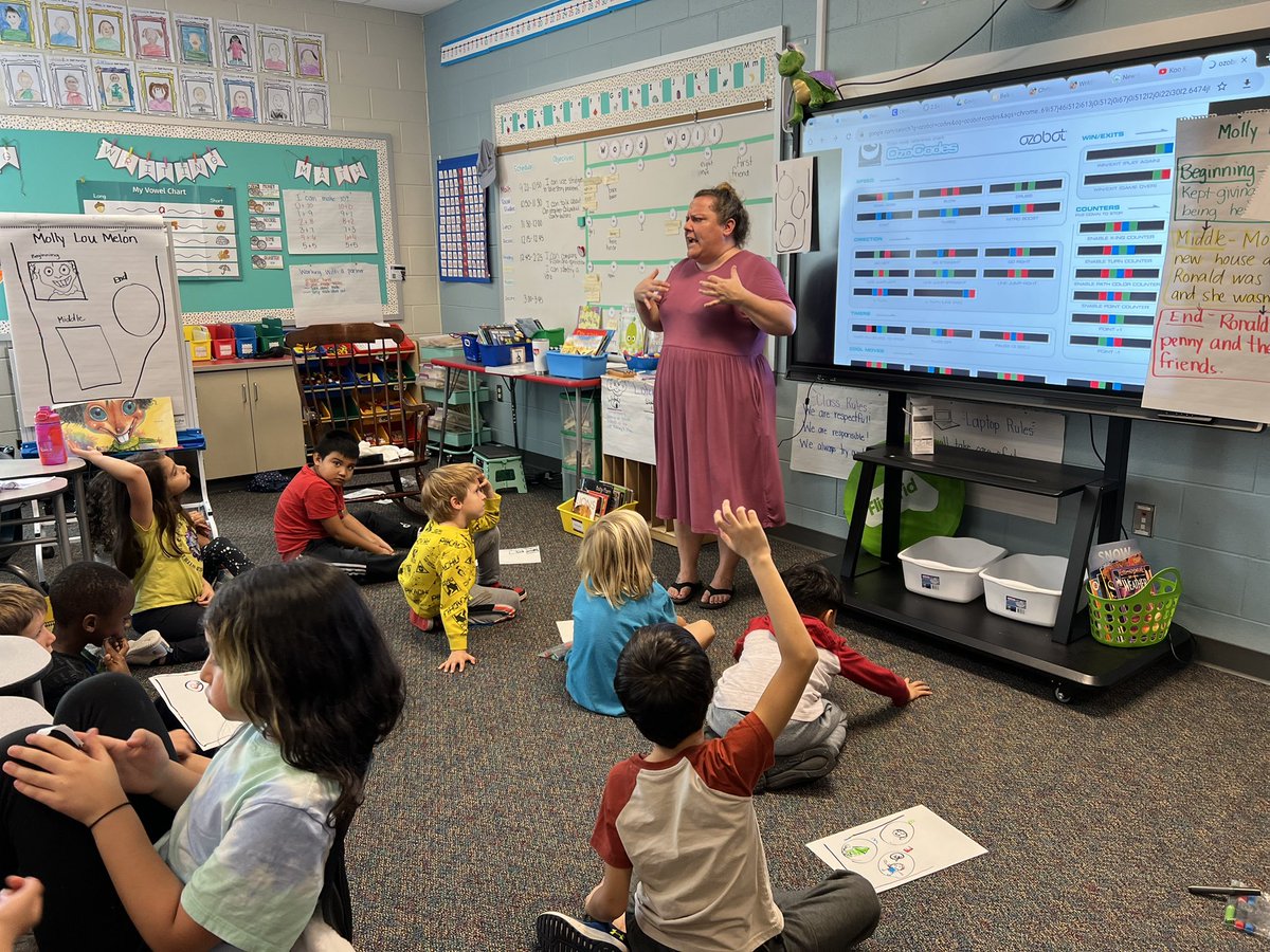 We read “Stand Tall Molly Lou Melon” with @Novel_Effect in @MsBelk1983 2nd grade class at @ChrisYungES and practiced retelling with @Ozobot - using code to match emotions from the BME! We learned a lot 🙃 during our time together! #pwcsitc #noveleffect #k2cantoo