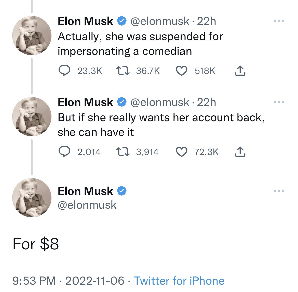 Like everyone else, I’ve been taking shots at @elonmusk for one reason or another. But this exchange 😄 I feel like I owe him $8 just for the entertainment.