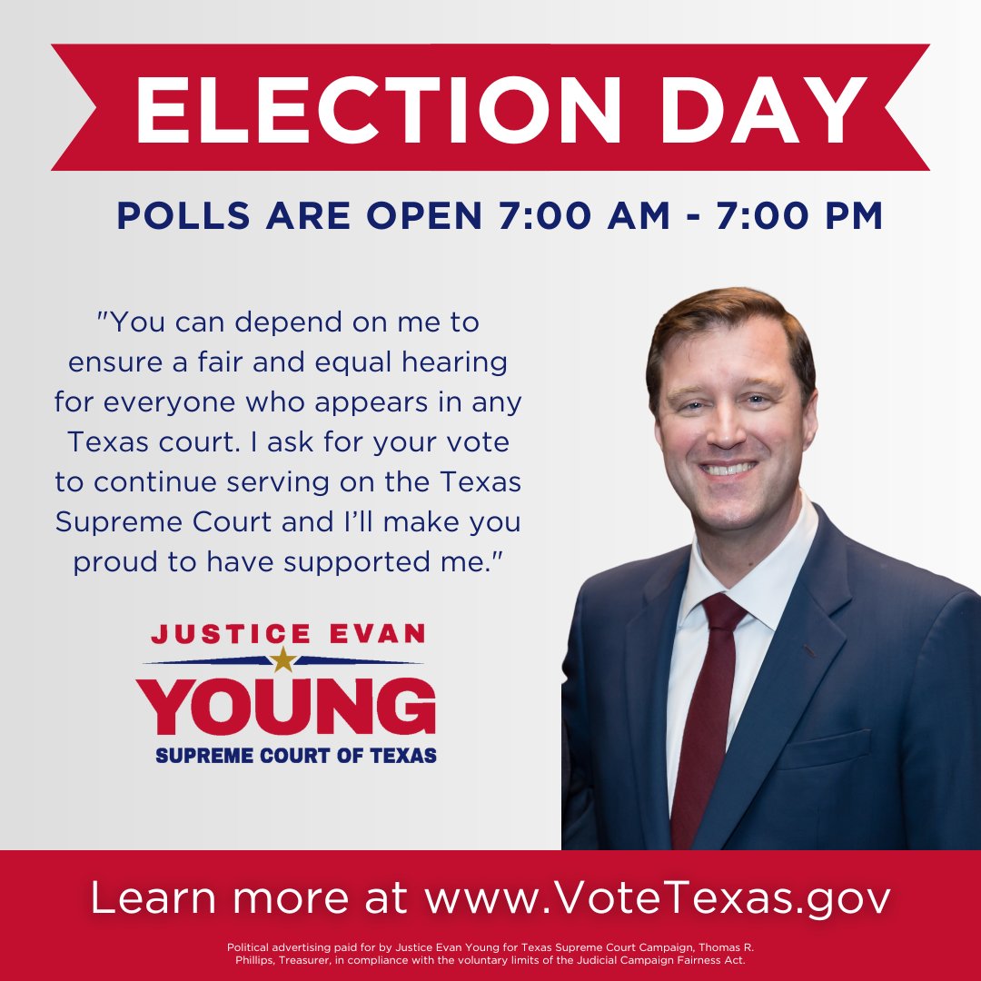 It’s Election Day! There is no greater privilege or duty than to exercise our right to vote. In Texas, we choose our leaders. Texans who vote embrace the responsibility of self-government. I am proud to serve you &amp; ask for your vote to continue serving on the Texas Supreme Court.