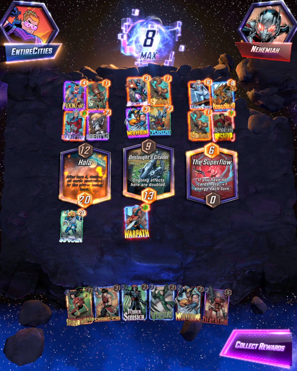 Entire_Cities's tweet photo. Oof, the 2 card win 😂 #MarvelSnap https://t.co/E34aLeNC93