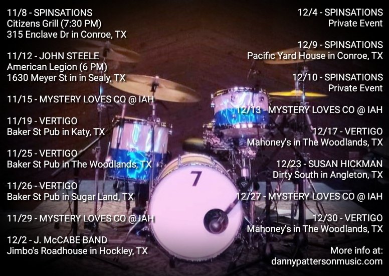 DPattersonMusic's tweet photo. Upcoming dates ...
@SalyersPerc @tnrproducts @SledgePad @WristGrips @castleclutch @CYMPAD_USA @ImpCymbals @Alesis @LPPercussion @JHAudio @remopercussion @kens_wer #thedrumwallet #motionpro_drumthrones #drummer #giglife #workingdrummer #drummersoftexas #dannypattersonmusic https://t.co/drkBloHLQ9