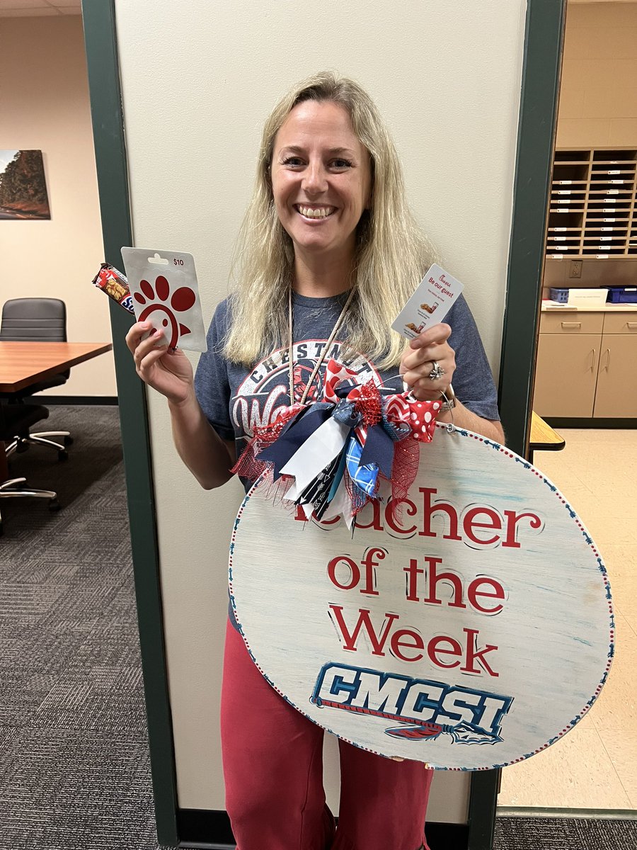 CMCSIWarriors's tweet photo. We are so excited to share that Mrs. Ashley Estrada is this week’s Teacher of the Week. She makes art so much for all of our warriors. Thanks @CFA_Braselton and @cejoes for helping us celebrate her this week! https://t.co/Efb7feUPxz