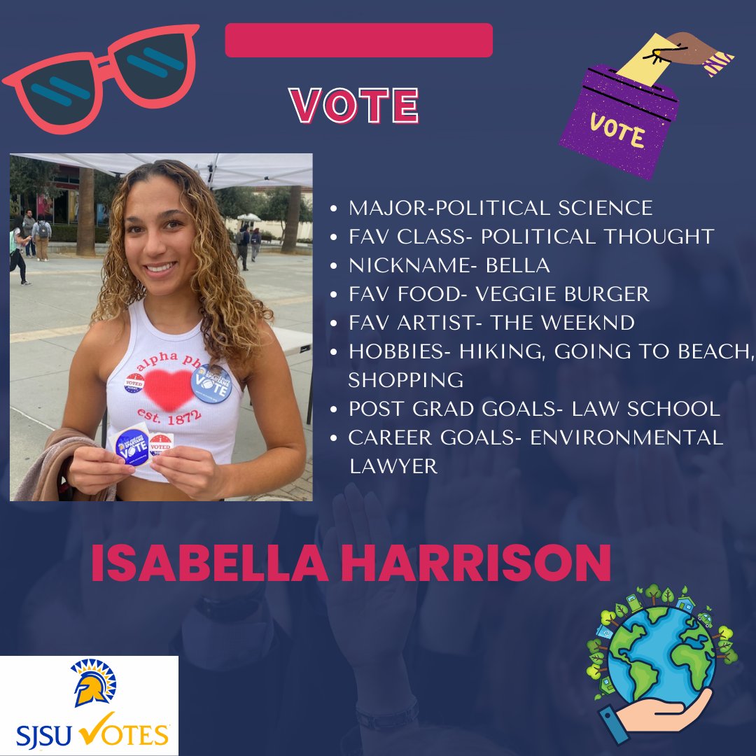 SJSUvotes's tweet image. We are going to spotlight some amazing members of the @SJSUvotes team so you can learn more about the people working so hard on this project. Isabella is a Pols 108 student and a great member of out team!  #sjsuvotes #CampusTakeover @SLSVCoalition @sjsucoss