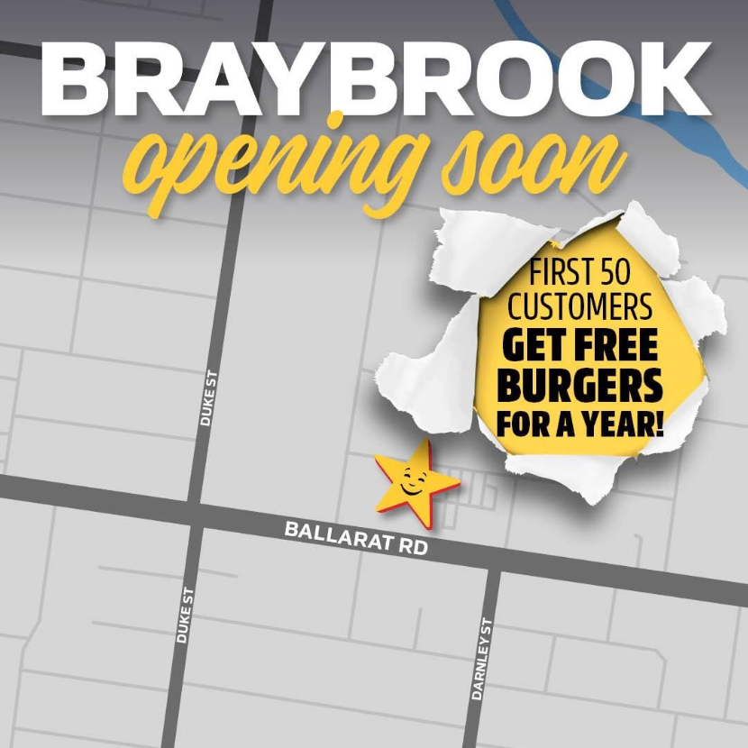 Hey Braybrook! Carl's Jr. is opening this Wednesday November 9! 😍😉⭐ From 10am at 330 Ballarat Rd, Braybrook VIC 3019.

The first 50 customers will get FREE* burgers for a YEAR! Follow our social media pages to get the latest updates! 🍔🍟

*Terms &amp; conditions apply.