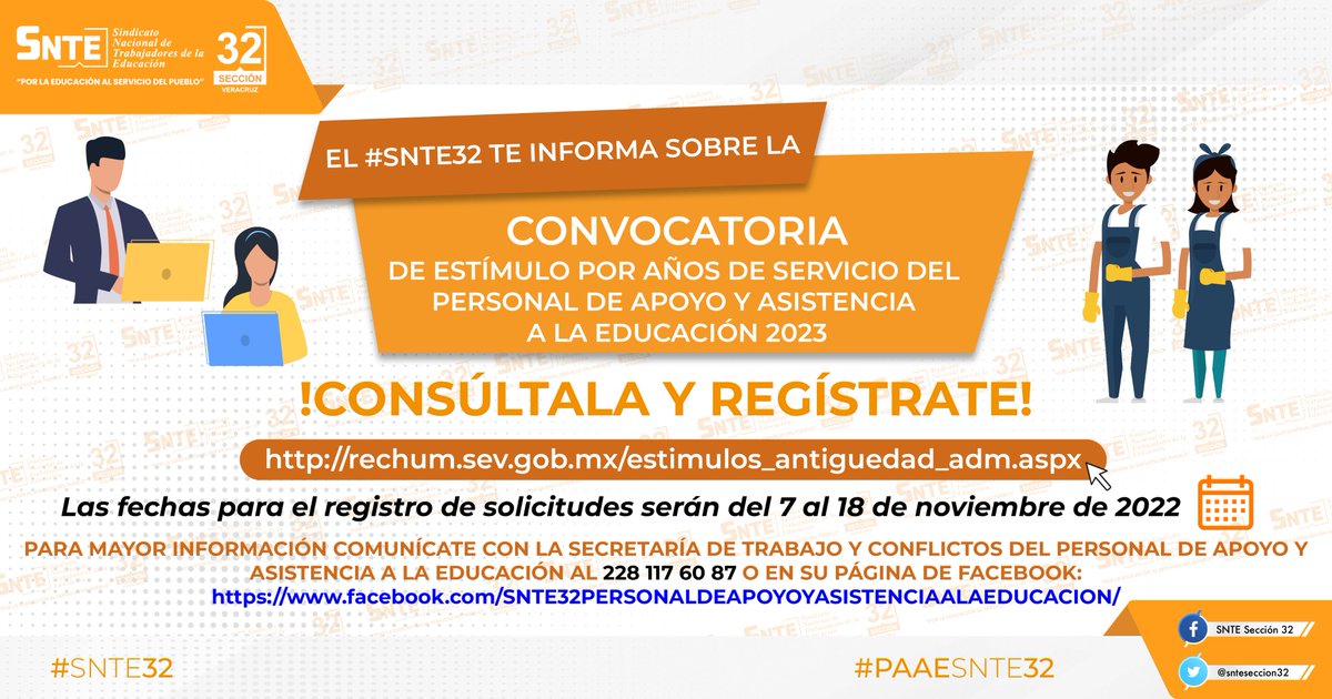 snteseccion32's tweet photo. 🟠El #SNTE32 Te informa sobre la Convocatoria de Estímulo por Años de Servicio del Personal de Apoyo y Asistencia a la Educación 2023.

Consúltala 🔍⬇️
https://t.co/TQYn54CgXO

 y Regístrate 📝⬇️
https://t.co/PdqewdqJRd

En el #SNTE32 y en el #EquipoPolítico ¡Trabajamos para ti!. https://t.co/CC04XvQVQw