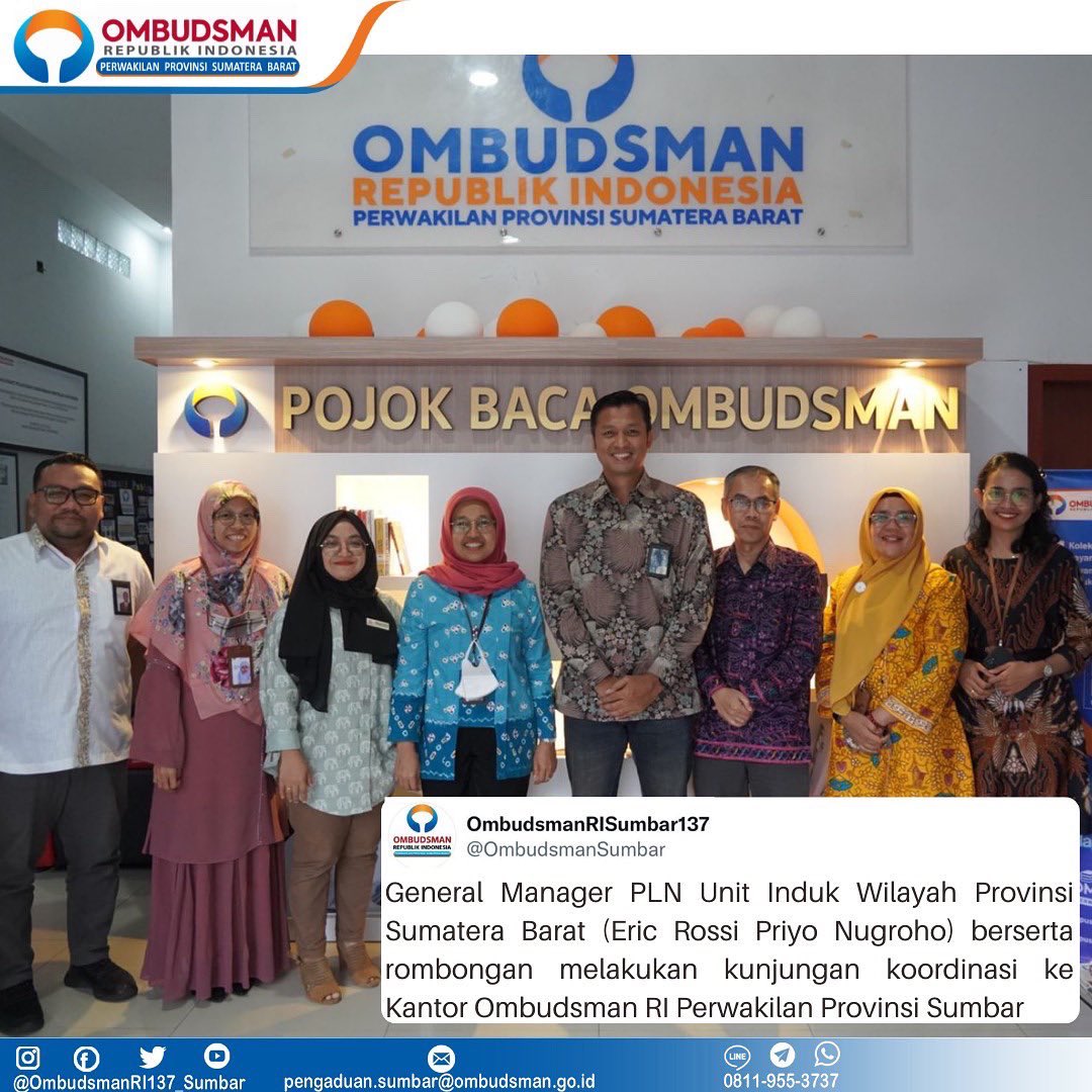 OmbudsmanSumbar's tweet photo. Kepala Ombudsman Perwakilan Provinsi Sumatera Barat Yefri Heriani sebut PLN merupakan salah satu Badan Usaha Milik Negara (BUMN) yang peduli terhadap kualitas pelayanan, dan juga terus bertransformasi untuk menuju pelayanan terbaik demi kepuasan pelanggan

#OmbudsmanRISumbar https://t.co/mI2Hjr6K3f