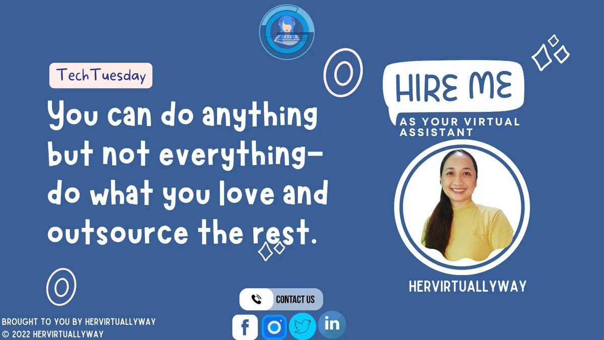 hervirtuallyway's tweet photo. "You can do anything but not everything - do what you love and outsource the rest.
So, if you want to be happy and successful, focus on what you love then HIRE ME to do the rest! 👩‍💻
Contact me here! https://t.co/elgiLetzMl
#hervirtuallyway https://t.co/YvFQf0tWM7