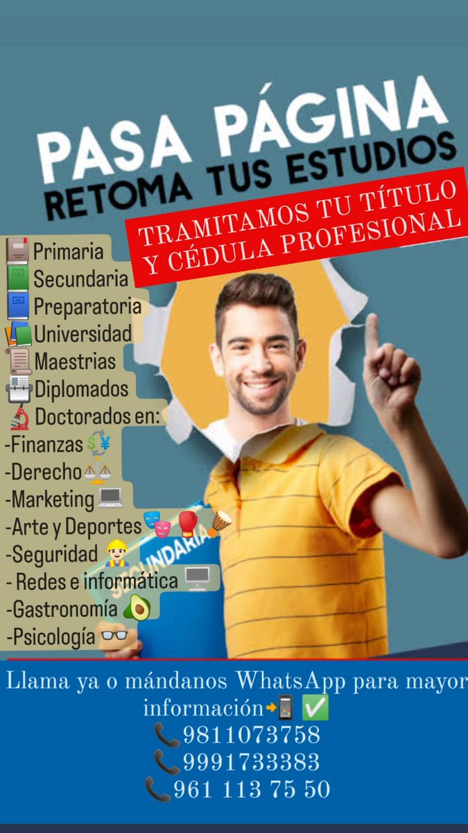 DayanFiru's tweet image. NO TE QUEDES SIN TU TÍTULO UNIVERSITARIO SUPER PROMOCIONES TODO EL MES DE NOVIEMBRE Y DICIEMBRE 🎅⛄🎁

CONTAMOS CON TÍTULOS, CÉDULAS PROFESIONALES 📰

ACCESIBLES PRECIOS ☎️☎️INFORMACIÓN 9831104333☎️☎️