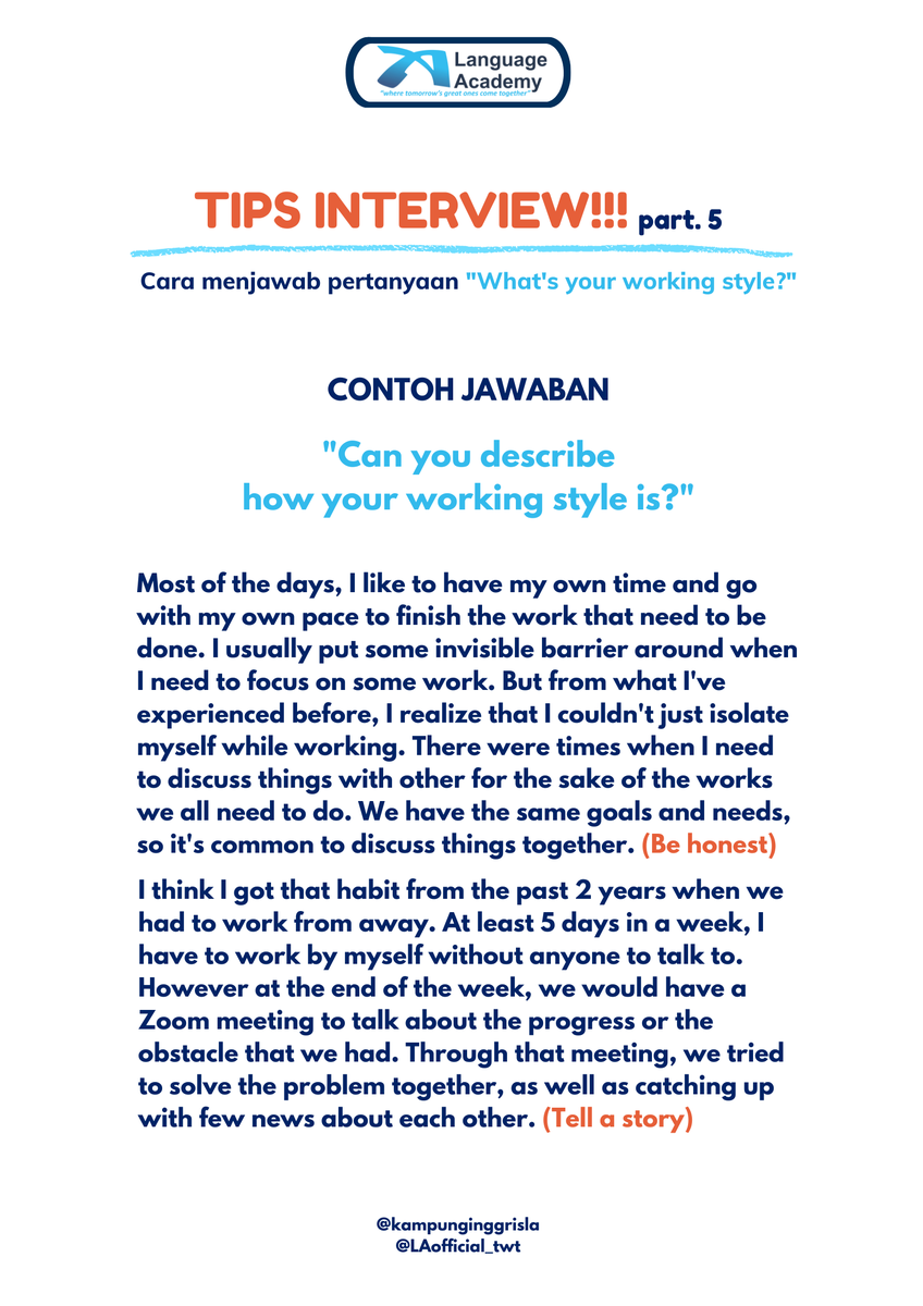 LAofficial_twt's tweet photo. Tips menjawab pertanyaan saat interview bahasa inggris!!!
Part 5: "What's your working style?"

#TipsbyLA #InterviewTips https://t.co/ppXW6zNJ7A