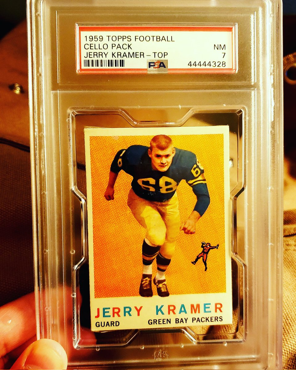 SconnEtradition's tweet photo. #34 1959 Topps Sealed Cello Pack with Jerry Kramer's RC on top!! This was my one and only pickup at the 2021 National in Chicago. Pop 1. #jerrykramer #psacard #rookiecard #top50 #greenbaypackers #thehobby #whodoyoucollect #cellopack #sealedpack #footballcards https://t.co/l5PNJRbEFR