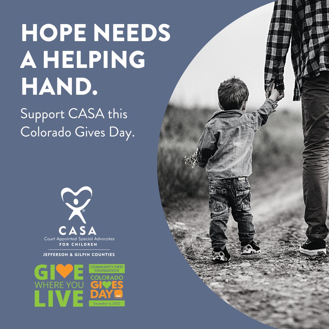 Children and youth assigned a CASA/GAL volunteer reported significantly higher levels of hope.
Give hope a helping hand by supporting CASA this Colorado Gives Day! 
buff.ly/3zFnm5N