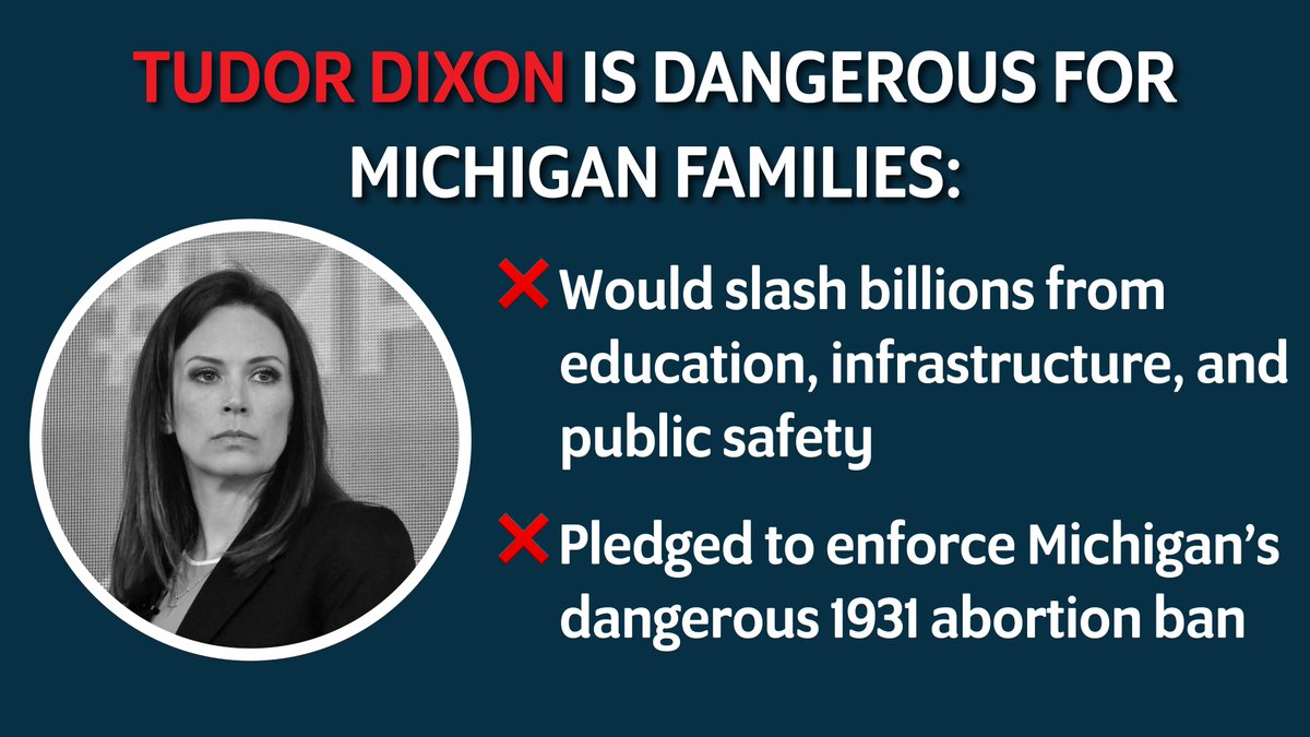 Tudor Dixon is too dangerous for Michigan families. We cannot let her drag our state backward.

The most important election in our lifetimes is tomorrow. Make a plan to vote: gretchenwhitmer.com/vote