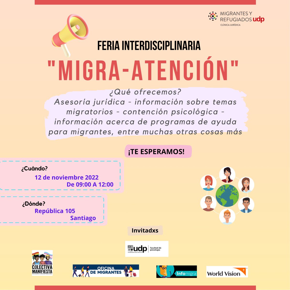 MigRef_UDP's tweet photo. ✨️Esperando que hayan tenido un buen inicio de semana, queremos invitarles este sábado 12 de noviembre de 9.00 a 12.00 hrs. a la Feria interdisciplinaria "Migra-atención" organizada por nuestra práctica electiva y que contará con la participación de organizaciones invitadas. https://t.co/bFOf3N2A5L