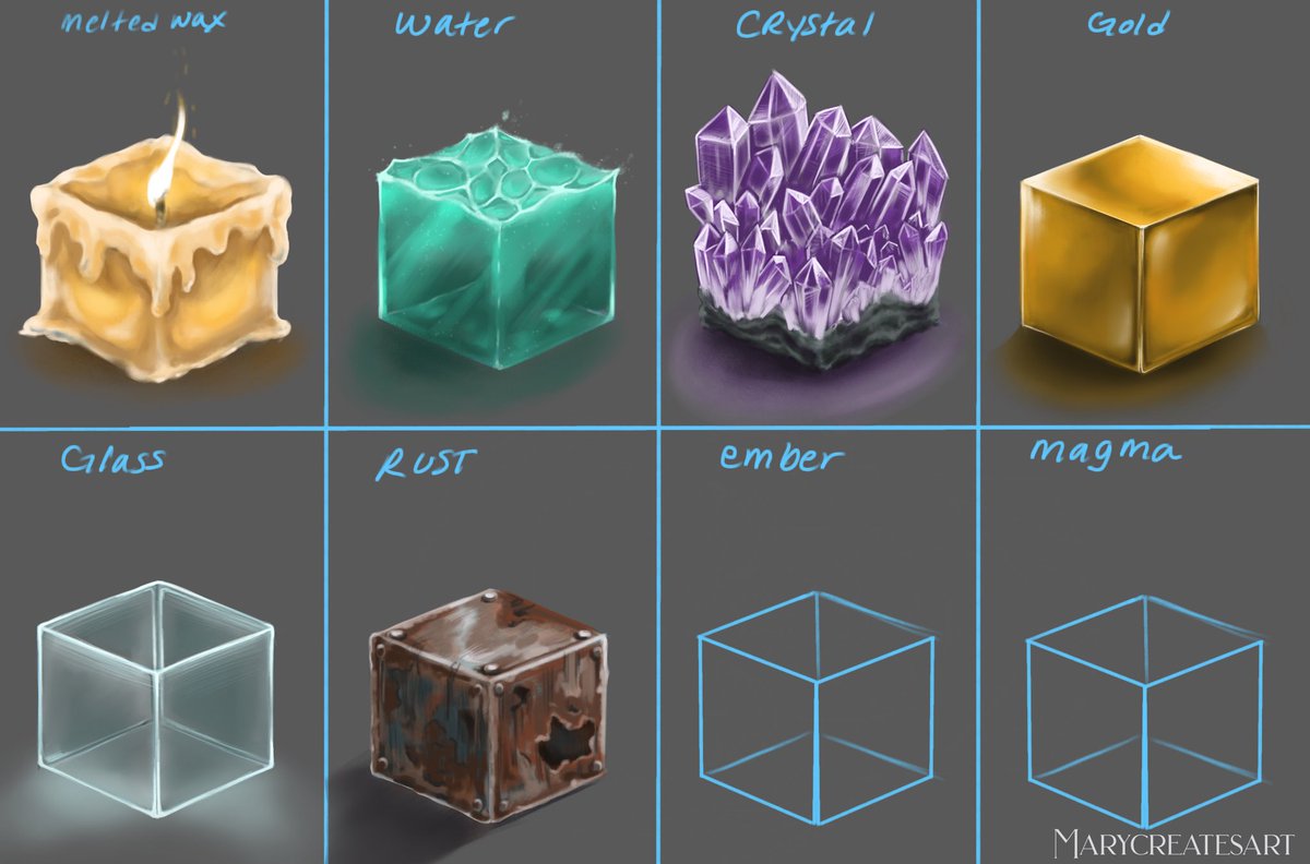 marycreatesart's tweet photo. Today on stream i worked on doing a material study set because i felt like my rendering needed improvement and so far I’m happy with the results!
I’m trying to decide if i want to change out ember with a different material as i think it might look fairly close to magma https://t.co/j6YssdAh7v