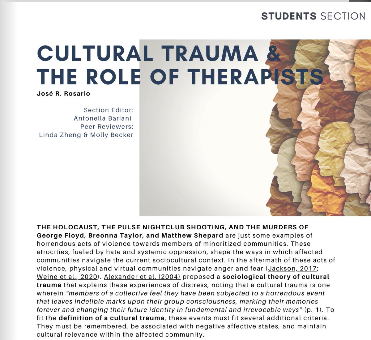 TPEmpowered's tweet image. Sharing a recent pub from our founder @jrosario_27 in the @APADiv56 Trauma Psychology News Fall 2022 issue 🔥❤️ We must be willing to evolve to promote healing and change! heyzine.com/flip-book/37d1…