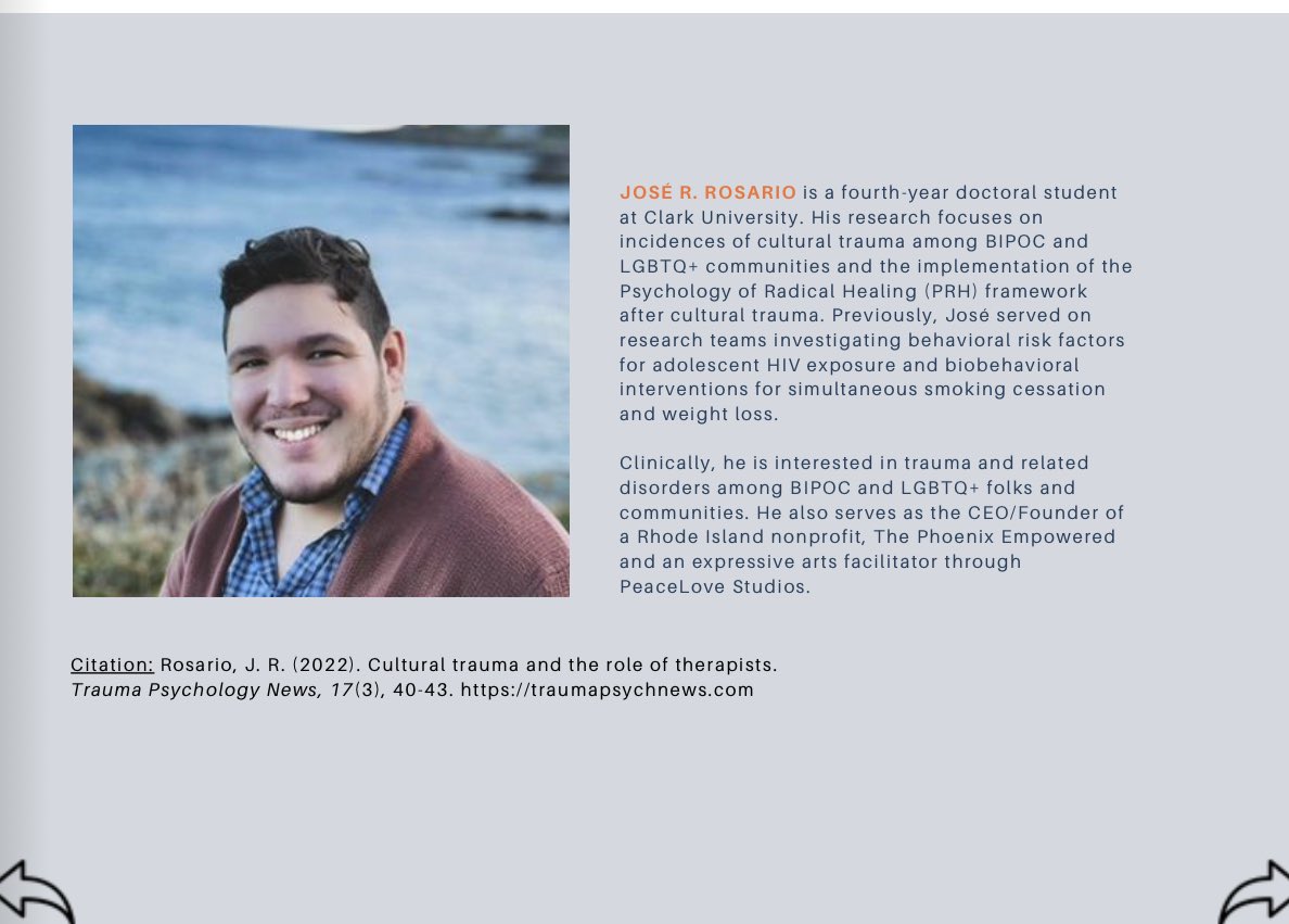 TPEmpowered's tweet image. Sharing a recent pub from our founder @jrosario_27 in the @APADiv56 Trauma Psychology News Fall 2022 issue 🔥❤️ We must be willing to evolve to promote healing and change! heyzine.com/flip-book/37d1…