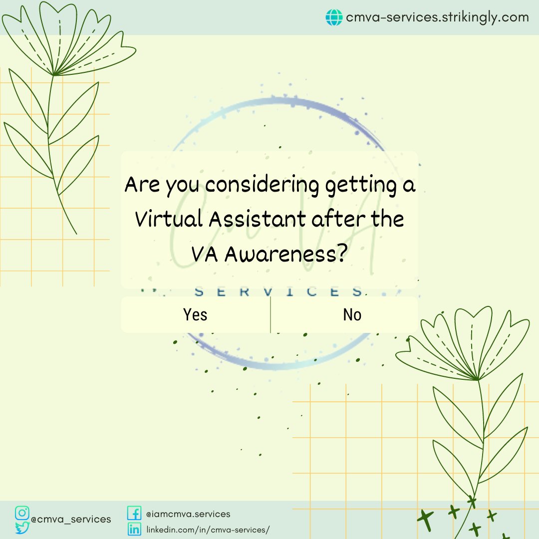 cmva_services's tweet photo. After a week of knowing the ground base of Virtual Assistance, here is the "Golden Question" for today.

- Are you considering getting a Virtual Assistant after the VA Awareness?

#VirtualAssistant
#HireaVA
#hiringaVA https://t.co/TjyfXsXpXE