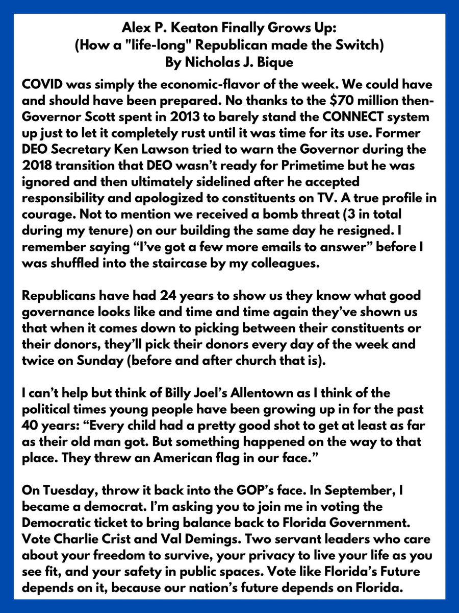 NicholasJBique's tweet photo. Friends, I am a member of @FlaDems now. Join me in voting @CharlieCrist, @KarlaforFlorida, @valdemings, @HattersleyforFL, @NaomiforFL, @AramisAyalaFL &amp; the ticket w/me.

@FloridaGOP has lost its way, embracing Trump’s style of politics. Our state institutions need new leadership. https://t.co/OZSfGTNmjW