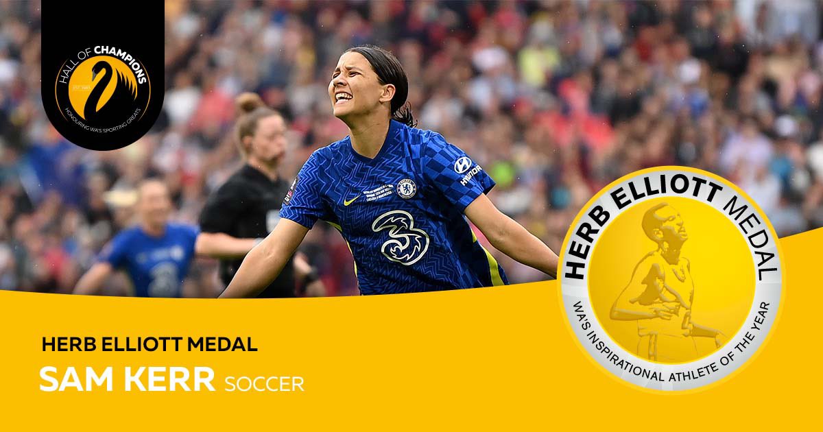 The <a href="/WestCoastFever/">West Coast Fever</a> and <a href="/samkerr1/">Sam Kerr</a> have been awarded the 2021/2022 Herb Elliott Medal for the most inspirational sporting performance over the last year. #WAHallofChampions #HerbElliottMedal #PerthSportsLife