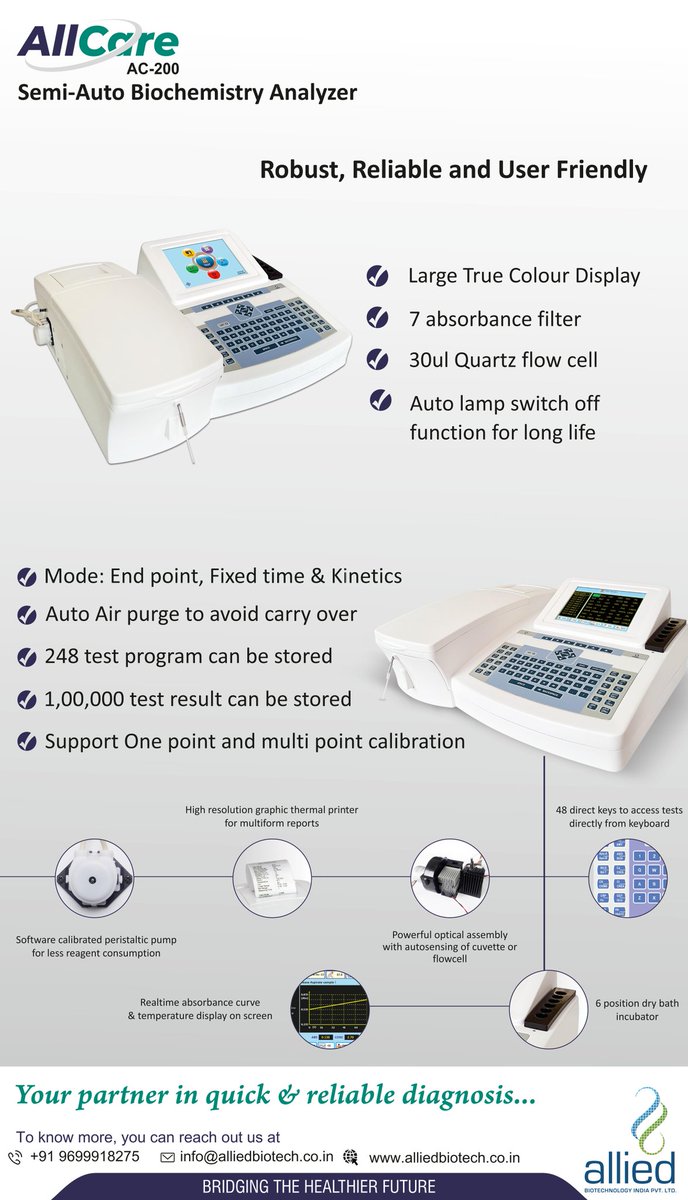 orbitonbiomed's tweet photo. #StockAvailable
#BestFeatures:
๐48 direct keys to access tests
๐Auto air purge facility to avoid carry over
๐Auto lamp switch off function for long life
๐248 test programs can be stored
๐1,00,000 test results can be stored
๐In built incubator facility (Optional) https://t.co/IHGU0JpqEW