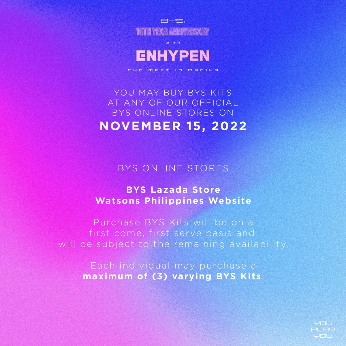 byscosmetics_ph's tweet image. For those outside of Metro Manila, limited number of BYS Kits will also be available for reservation at selected SM Beauty Department Stores plus online through our official Lazada page and Watsons website this November 15, 2022!

#BYSPH #ENHYPENWITHBYSPH #YouPlayYou