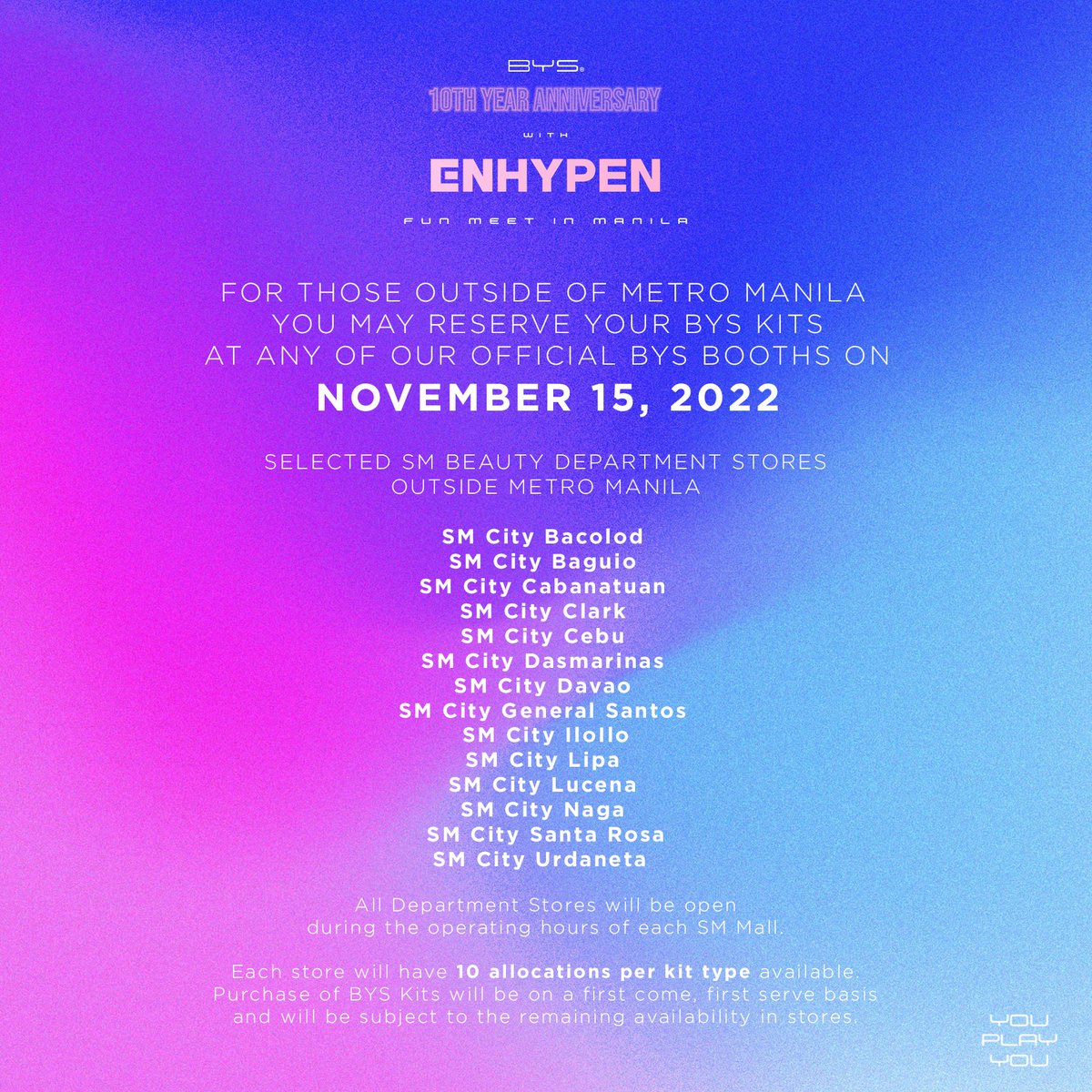 byscosmetics_ph's tweet image. For those outside of Metro Manila, limited number of BYS Kits will also be available for reservation at selected SM Beauty Department Stores plus online through our official Lazada page and Watsons website this November 15, 2022!

#BYSPH #ENHYPENWITHBYSPH #YouPlayYou