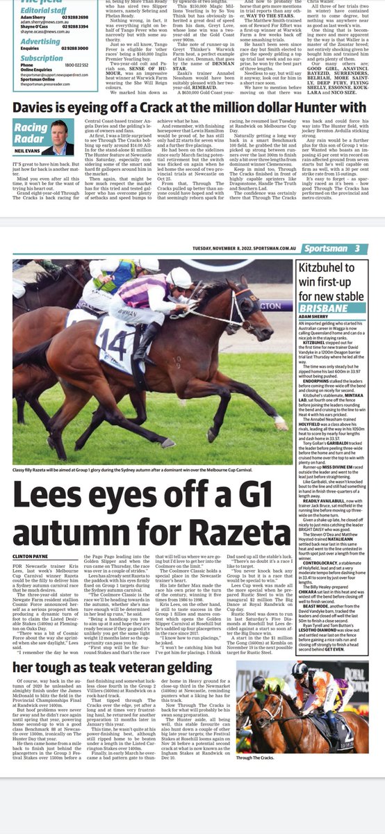 Can the mighty 'Cracks' storm into the $1 million Hunter field <a href="/newcastleraces_/">Newcastle Racecourse</a> 2nd up ?? All in today's #RacingRadar in form bible <a href="/TheOzSportsman/">Sportsman</a> #spring @adaviesracing <a href="/racing_nsw/">Racing NSW</a> <a href="/brentonavdulla/">🇦🇺 BRENTON AVDULLA</a> 🏇🗞