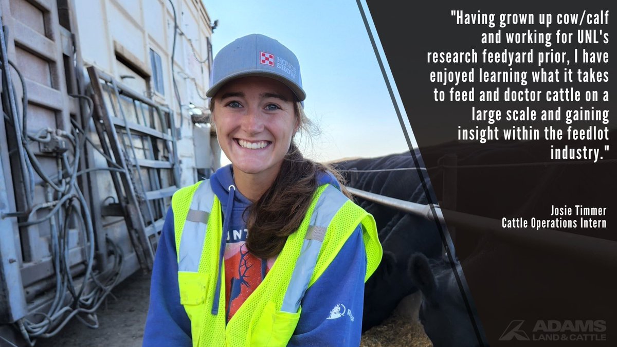 AdamsCattle's tweet photo. Meet one of our #AdamsInterns...Josie Timmer from the @UNL_CASNR! Josie has had the opportunity to work in many aspects of operations, including Cattle Health, Processing, and Feeding. Take a look at what she enjoys most about her #internship. https://t.co/T0OnU6csFL