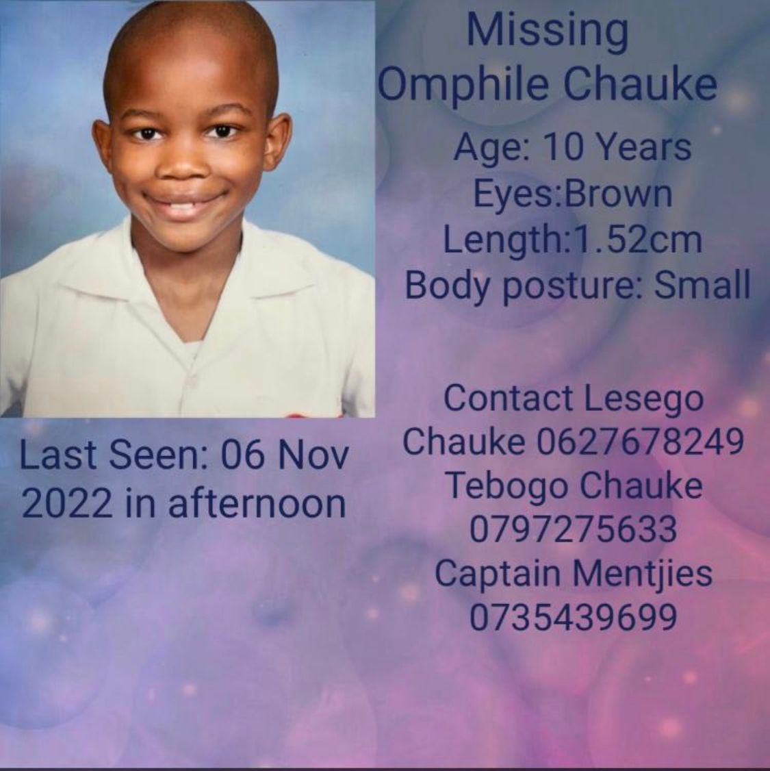 Abramjee's tweet photo. #Missing Omphile Chauke went missing from outside Randjesfontein Estate on his way to the Sasol garage yesterday afternoon. https://t.co/eT7Fvyn86n