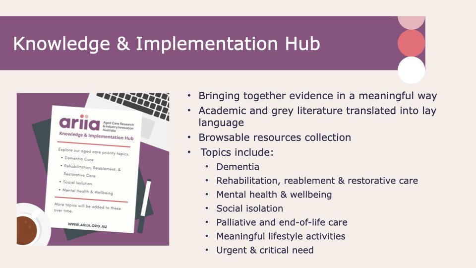 The Knowledge and Implementation Hub (KIH) brings together evidence in a meaningful way for the #AgedCare sector, translating academic literature into more accessible language #LunchtimeSeminar