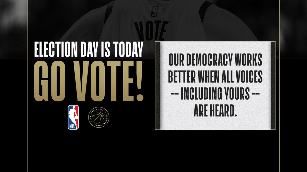 NBA's tweet image. Our democracy works better when all voices - including yours - are heard! 

If you haven’t yet, make sure you go out and vote today! If you run into any issues voting, call 1-866-OUR-VOTE. 

For more info: nba.com/elections?cid=…