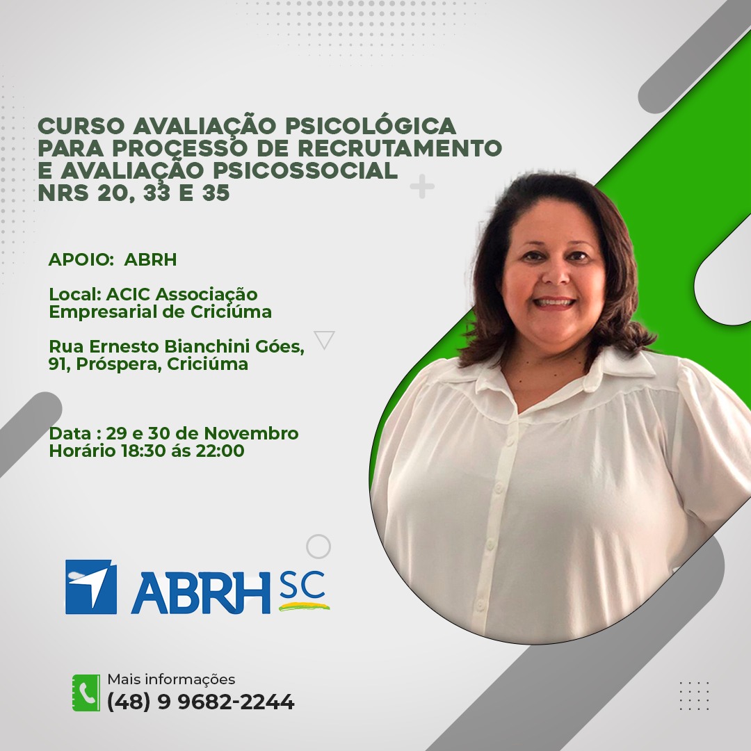 👉Curso de Avaliação psicológica para processo de recrutamento e seleção e Avaliação Psicossocial das NRs 20,33 e 35.  Exclusivo para Psicólogos!!
👉app.higestor.com.br/inscricao/6920