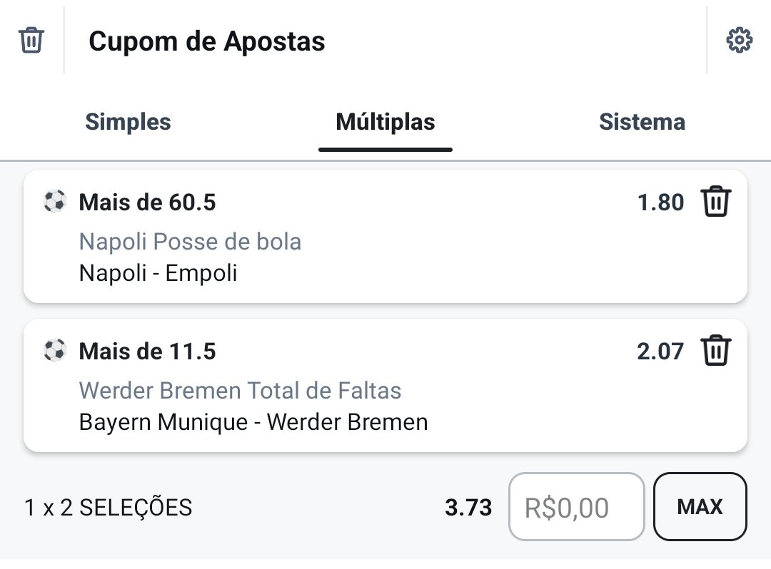 aposta_perfil's tweet photo. Dupla para amanhã

🇮🇹 - Napoli +60,5% de posse de bola (2%)
🇩🇪 - Werder Bremen +11,5 faltas na partida (1,5%)

Dupla: 1% https://t.co/LiowpgYA0A