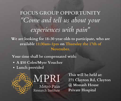 MPRIresearch's tweet photo. Are you an 18-30 year old who is available on the 17th of November?
We are currently recruiting participants to come and tell us their experience with pain.
Sign up here:
https://t.co/Ix6drWP1iQ https://t.co/3czr4TXMPy