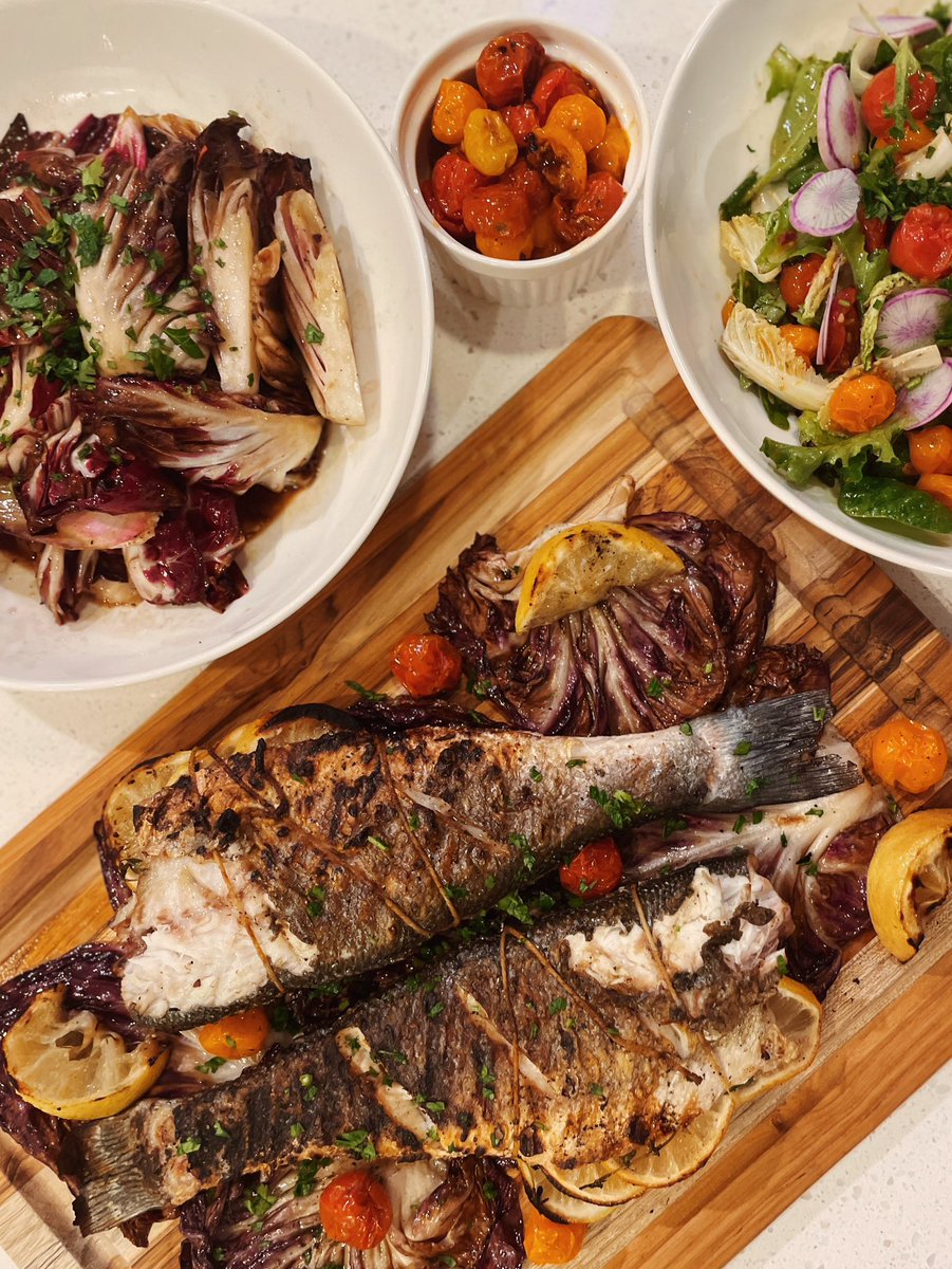 letaang's tweet photo. Tonight’s dinner: grilled branzino, charred radicchio and endives, and a salad with your usual suspects (charred lettuce, spring mix, cherry tomatoes, purple radish). https://t.co/O43tO6W1Sc