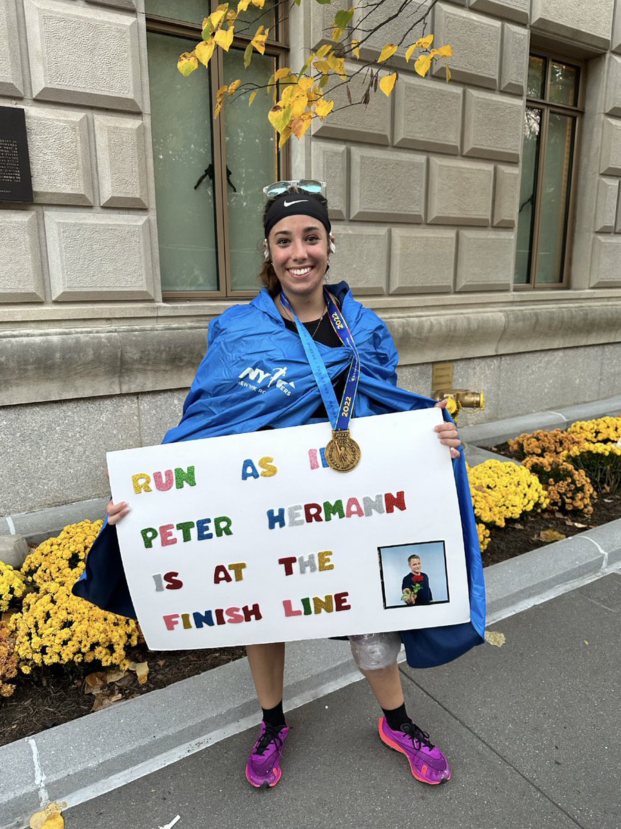 HermannPeterFan's tweet photo. When your best friend is running the NYC Marathon and you make her a sign to encourage her. IYKYK! Best sign ever @travelerach and congratulations @HOLLYWOOD9711. https://t.co/KZlUmohPxt