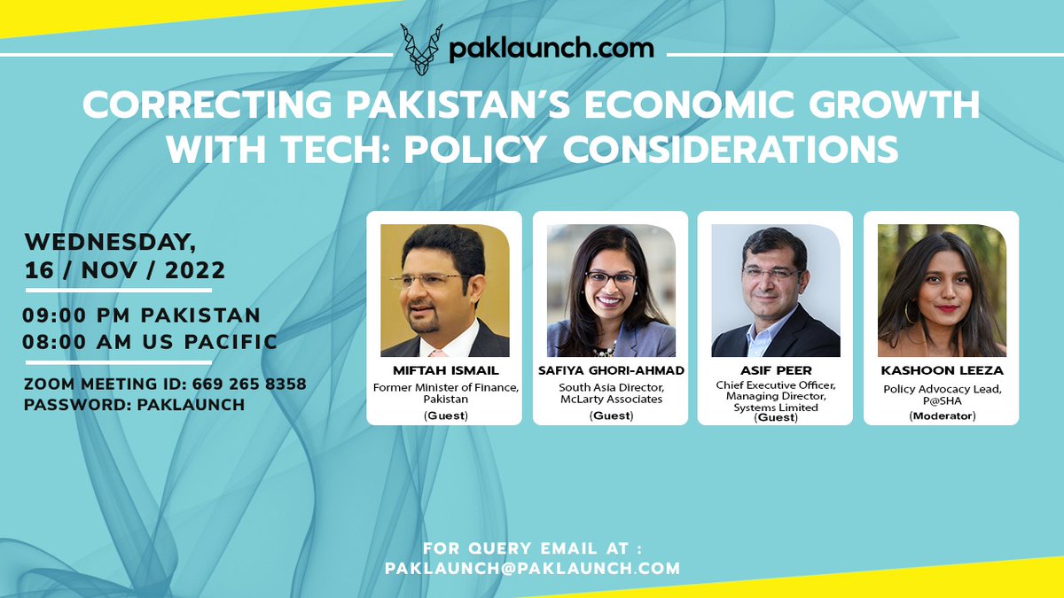 UPDATED...
Please join us on 16th November for a webinar "Correcting Pakistan’s Economic Growth with Tech: policy considerations''

ZOOM LINK: lnkd.in/dh_Jjy5J
DATE: Wednesday, 16th November 2022
TIME: 9pm Pakistan &amp; 8am US Pacific